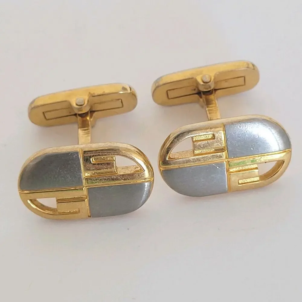 Givenchy Cufflinks Set Gold Silver Black‎ Tone Oval Logo Vintage Geometric